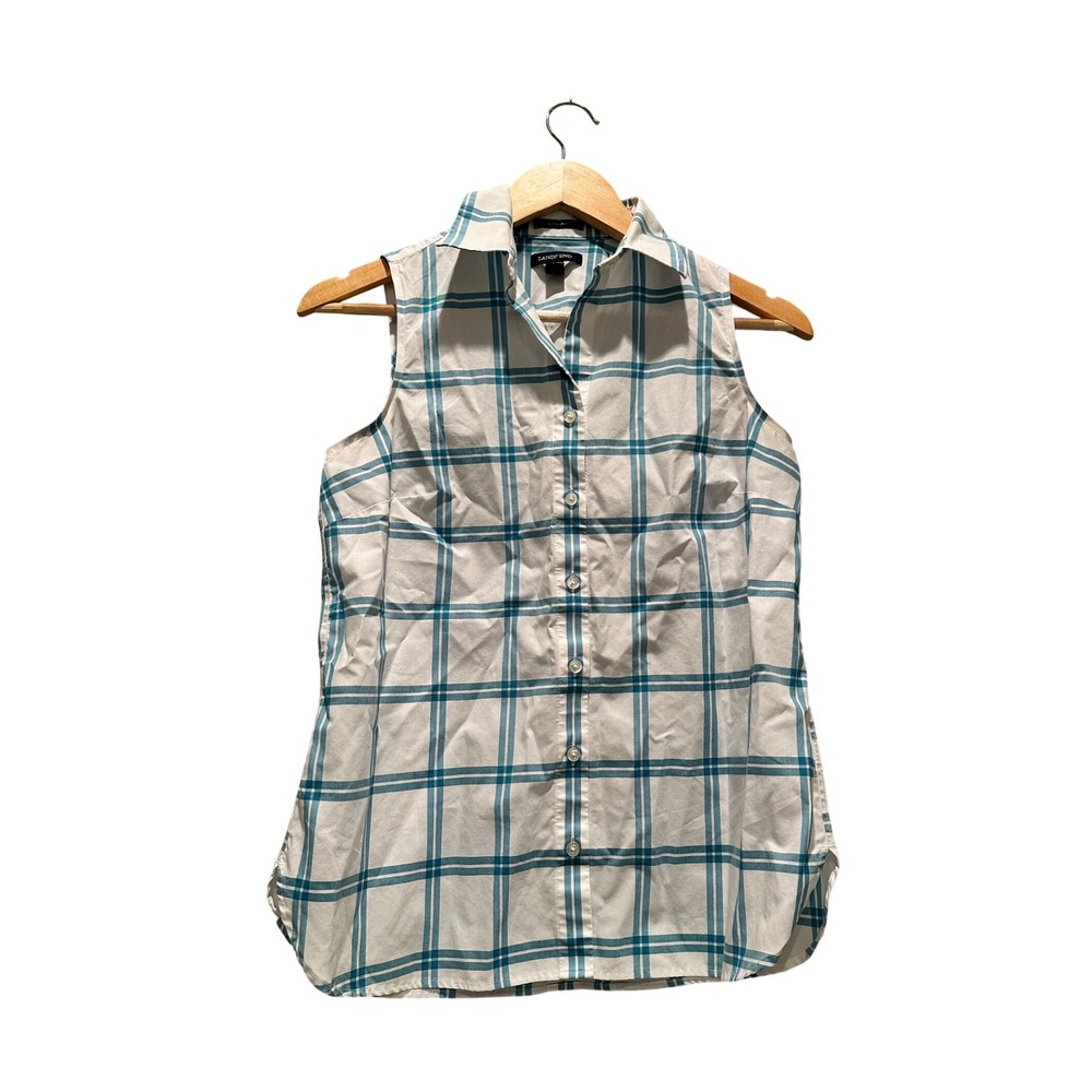 Lands End Sleeveless Supima Cotton Plaid Button Front Shirt Size 4 Turquoise - Picture 1 of 5